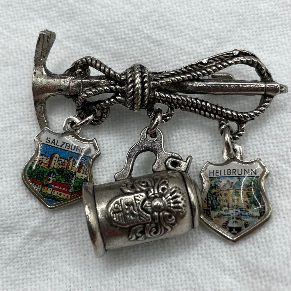 Vintage Austrian Travel Pin With Charms Salzburg Hellbrunn Beer Stein Jewelry